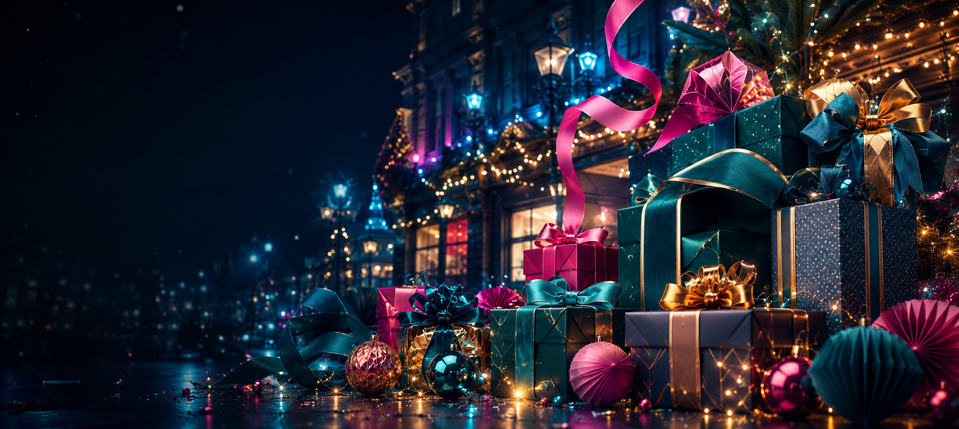A magical after-dark Christmas shopping scene with jewel-coloured presents